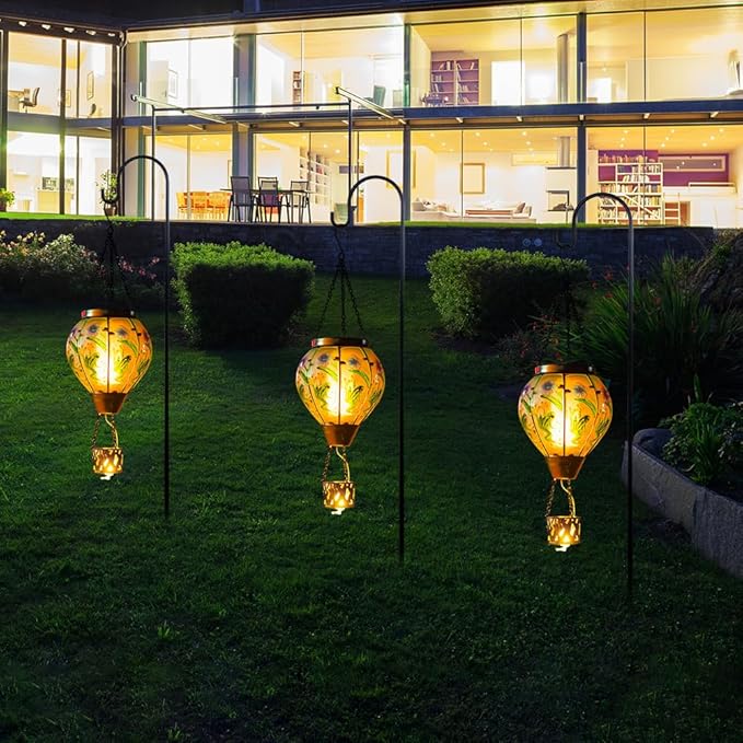 Starsoul Frog Hot Air Balloon Solar Lantern with Candle Holder Glass Outdoor Solar Hot Air Balloon Flickering Flame Lamp Hanging Garden Light Waterproof for Lawn Porch Tree Yard Decorations-VerdiqueGarden