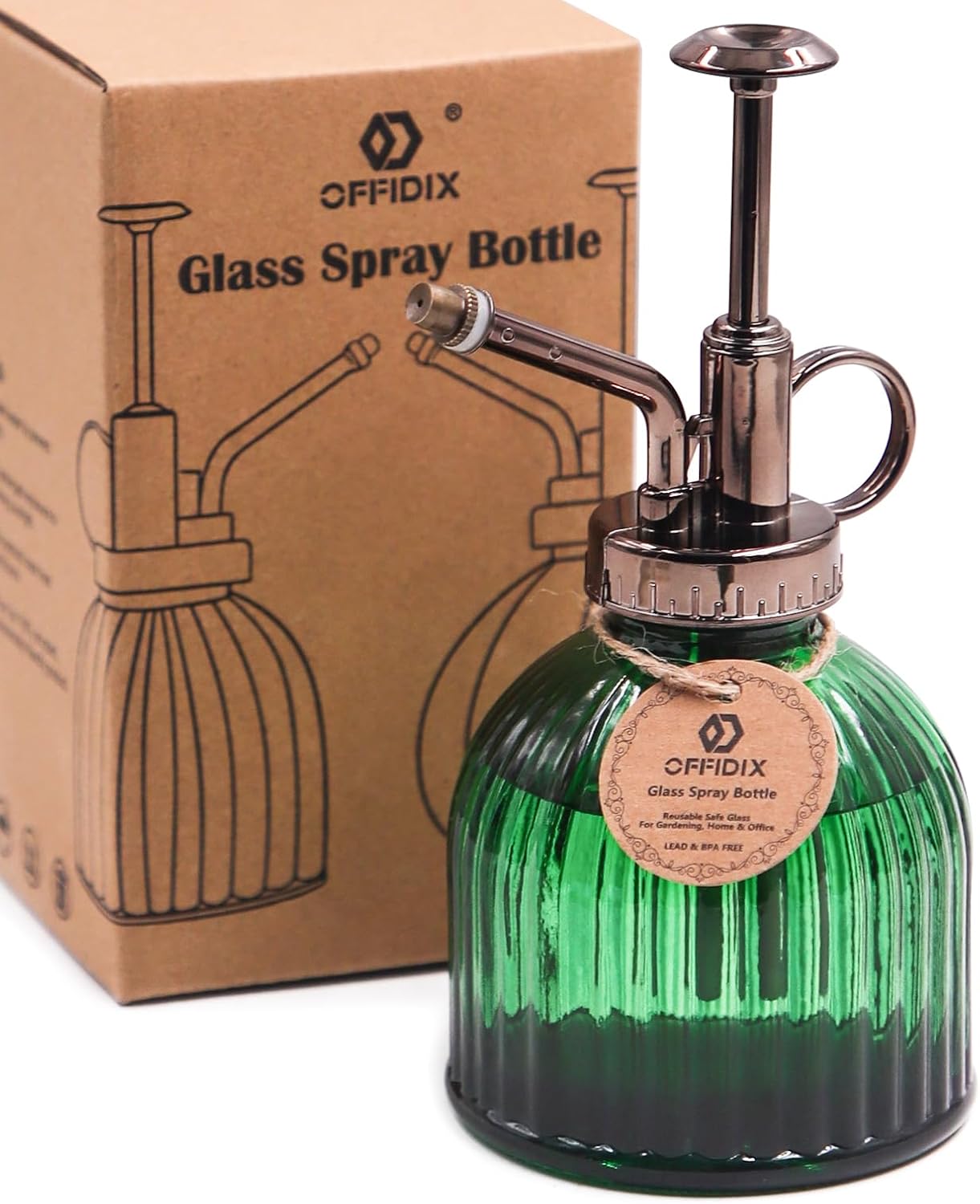 OFFIDIX Plant Mister Spray Bottle Glass Mister for Inside 6.3" Tall Vintage Style with Bronze Plastic Top Pump One Hand Watering Can for Indoor Potted Plants Terrariums Green-VerdiqueGarden