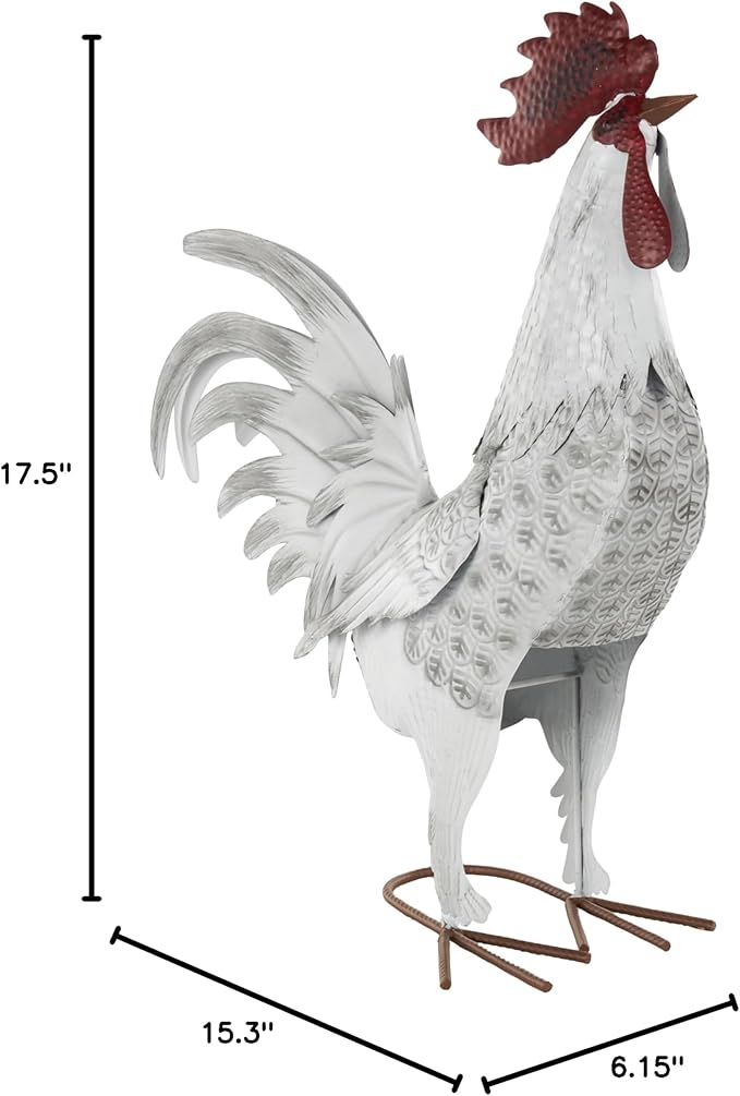 Deco 79 Metal Rooster Decorative Garden Sculpture Garden Statue with Black Texturing and Red Accents, Outdoor Sculpture 15" x 6" x 18", White-VerdiqueGarden
