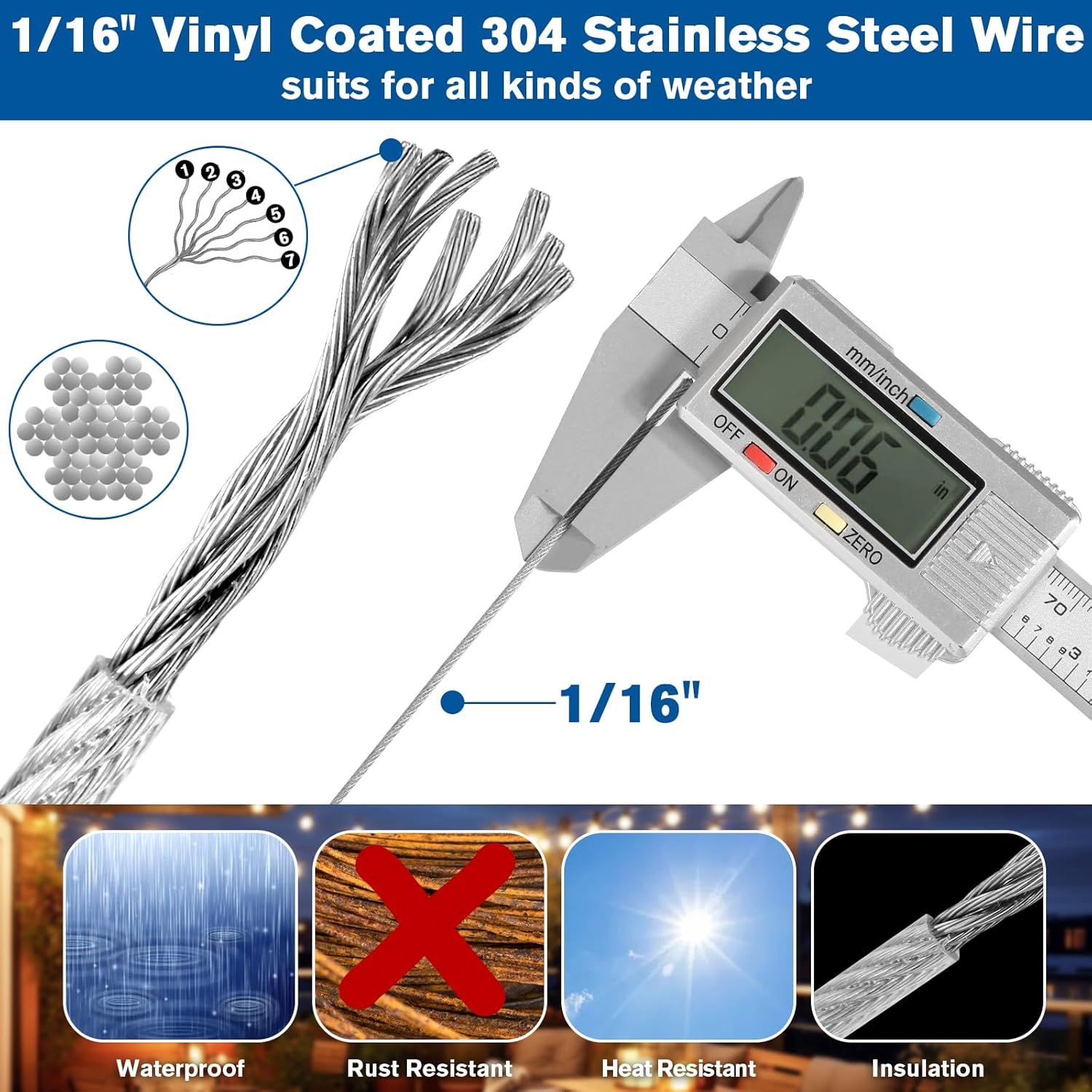 220FT 1/16" Wire Rope Kit - String Light Hanging Kit Vinyl Coated 304 Stainless Steel Cable with Turnbuckles for String Light Hanging, Gate Anti Sag, Stair Railing, Curtain, Picture Hanging, Garden-VerdiqueGarden