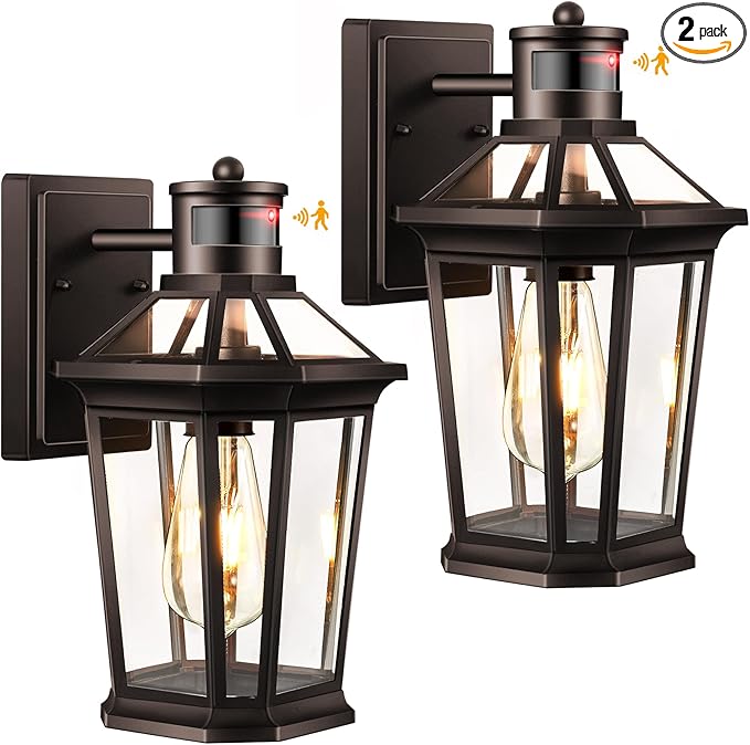 VIANIS Motion Sensor Outdoor Lights, Oil Rubbed Bronze Dusk to Dawn Outdoor Wall Lights Exterior, Waterproof Wall Lantern with Tempered Glass, Modern Outside Wall Sconce for Garage Front Porch, E26-VerdiqueGarden
