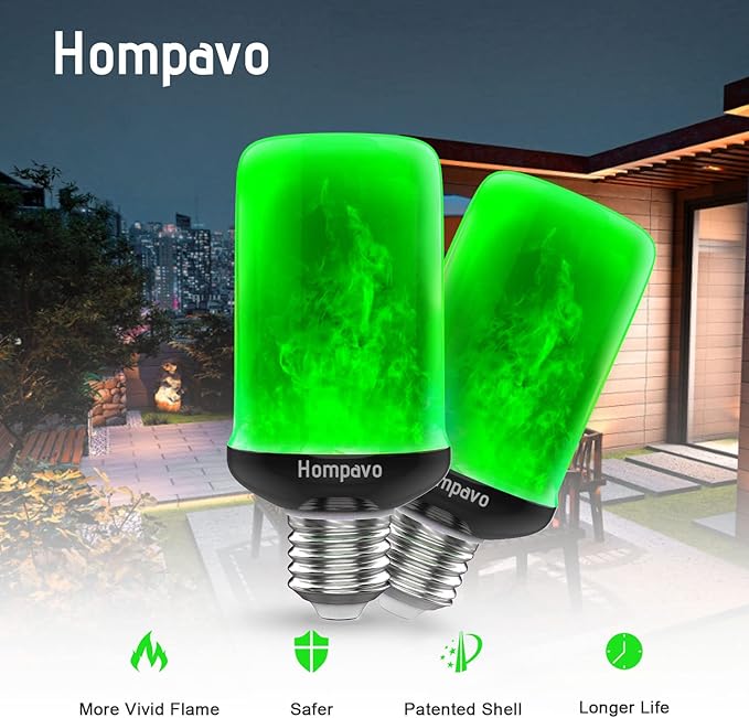 Hompavo 【Upgraded】 LED Flame Light Bulbs, Green Flickering Light Bulbs with Upside Down Effect, E26 Flame Bulb for Home Halloween St. Patrick's Day Christmas Decorations Indoor & Outdoor, 2 Pack-VerdiqueGarden