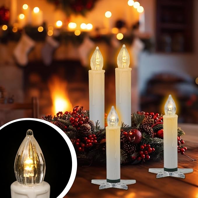 DRomance Christmas Tree Flameless Taper Candle Lights Battery Operated with 10-Key Remote and Timer, 10 Pack Plastic Flickering LED Taper Candles Multi-Using Home Garden Holiday Decor 3.4"-VerdiqueGarden
