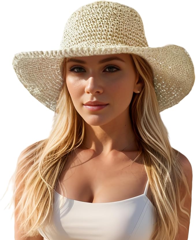 Floppy Big Beach Straw Hats for Women Foldable Summer Wide Brim Packable Sun Hat Womens Travel Straw Fedora Hat-VerdiqueGarden