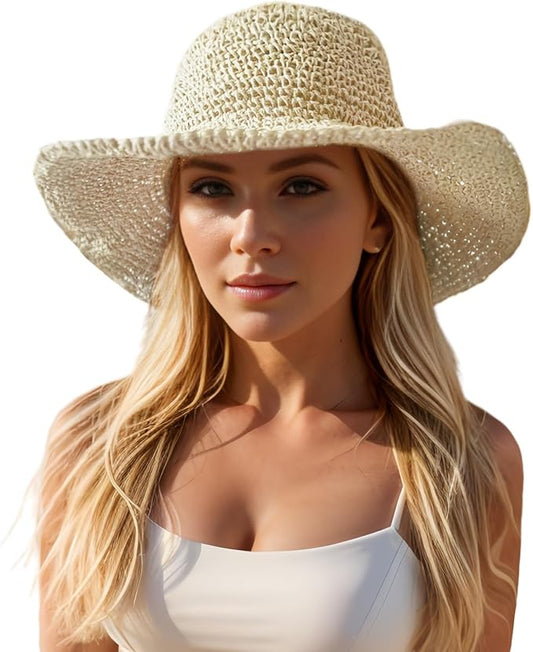 Floppy Big Beach Straw Hats for Women Foldable Summer Wide Brim Packable Sun Hat Womens Travel Straw Fedora Hat-VerdiqueGarden