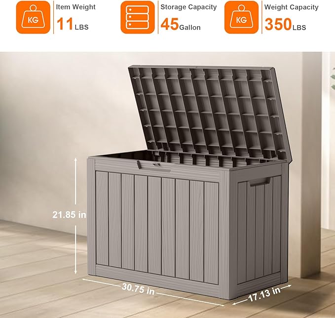 DRATO 45 Gallon Deck Box, Outdoor Storage Box for Patio Furniture, Patio Cushions, Gardening Tools, Pool Supplies 480lbs Weight Capacity,Waterproof Resin Storage Boxes (Light Brown, 45Gal)-VerdiqueGarden
