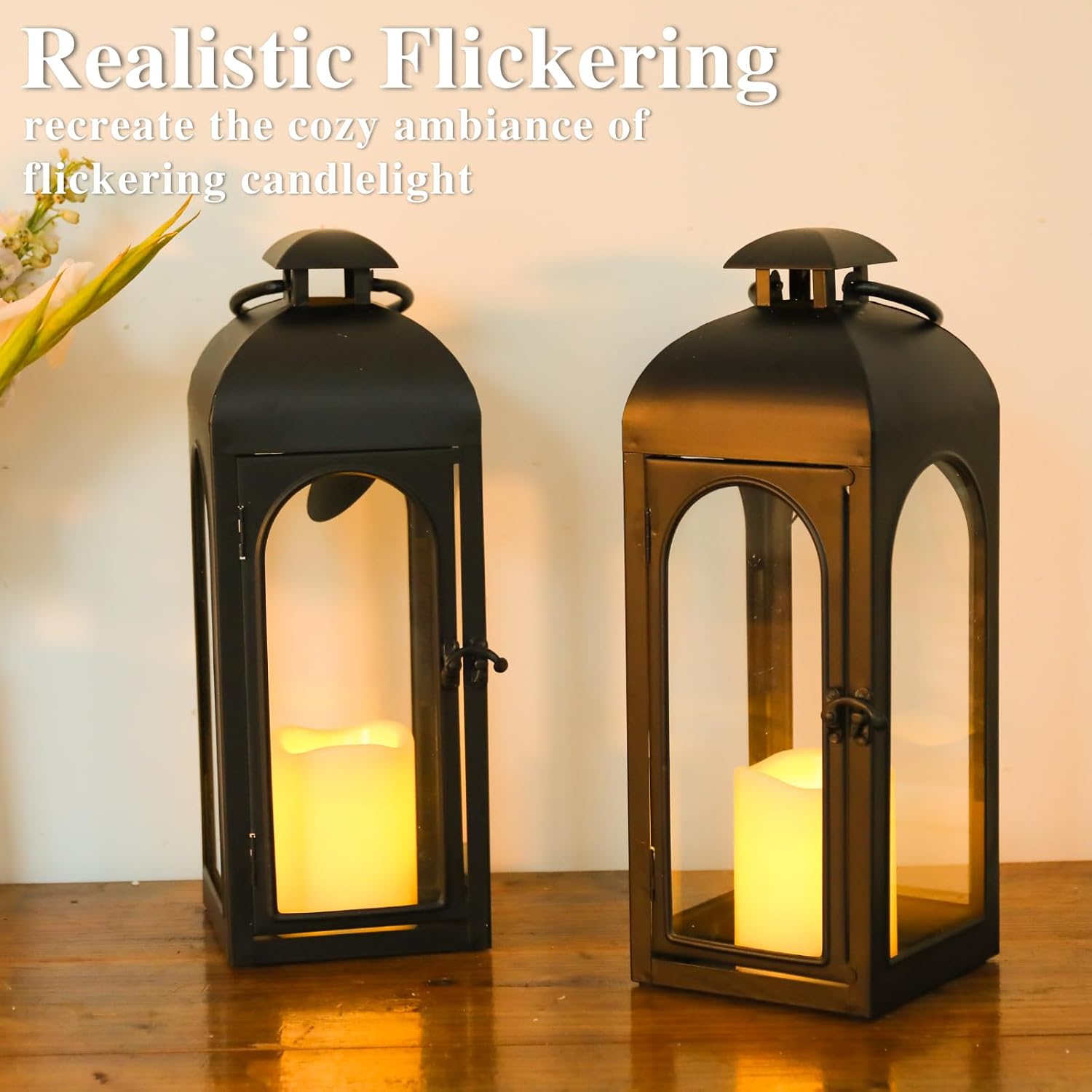 Bdor 2 Pack 16 Inches Metal and Tempered Glass Decorative Lantern with Electronic Wax Effect - Indoor/Outdoor Decorative Lighting, Handcrafted Aesthetic, Perfect for Home, Parties, and Holiday Decor-VerdiqueGarden