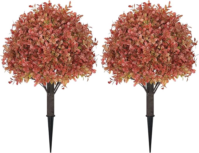 24" Tall Artificial Boxwood Ball Fall Topiary Trees Set of 2, UV Resistant Large Faux Plants Outdoor, 2ft Fake Bushes and Shrubs Look Real with Stake for Front Porch Outside Planter Backyard Decor-VerdiqueGarden
