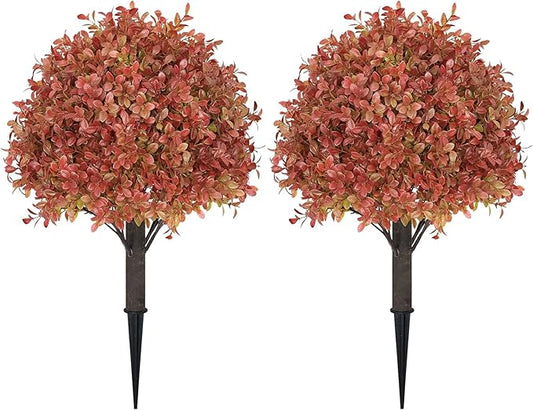 24" Tall Artificial Boxwood Ball Fall Topiary Trees Set of 2, UV Resistant Large Faux Plants Outdoor, 2ft Fake Bushes and Shrubs Look Real with Stake for Front Porch Outside Planter Backyard Decor-VerdiqueGarden