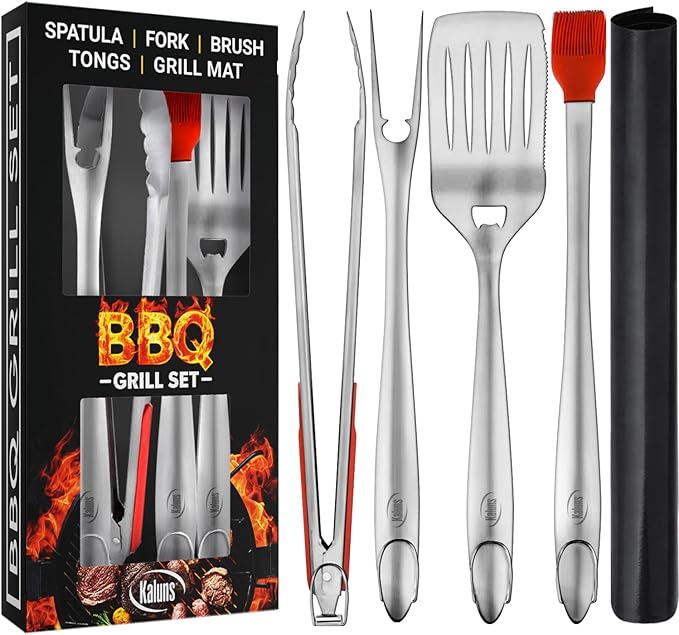 Kaluns BBQ Grilling Accessories, Grilling Gifts for Men Dad, Grill Tools for Outdoor Grill, Heavy Duty Stainless Steel Grill Set with Spatula, Tongs, Fork, Brush, & Grilling Mat, Best BBQ Gifts-VerdiqueGarden