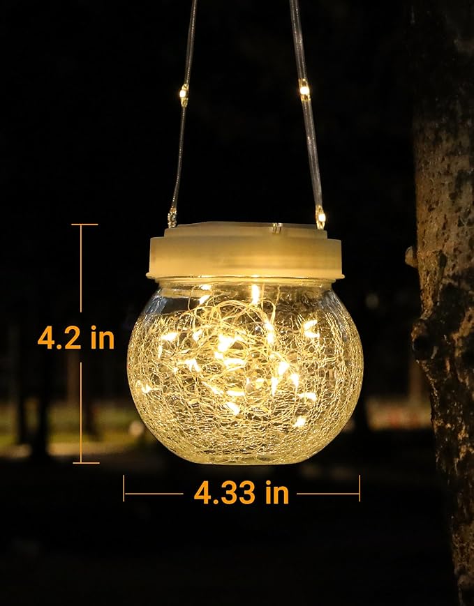 Solar Lantern Solar Lights Outdoor Waterproof 2-Pack, Solar Powered Hanging Lights Cracked Glass Hanging Globes for Christmas Decoration, Shepherd Hook, Garden Tree Ornaments, White Cap, Warm White-VerdiqueGarden