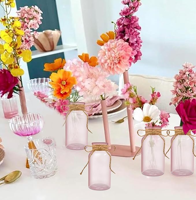 Vintage Glass Flower Vase，6 Pack Pink Farmhouse Glass Centerpiece Vases Mason Jars for Weddings, Parties & Home Decor Bulk (6, Pink)-VerdiqueGarden