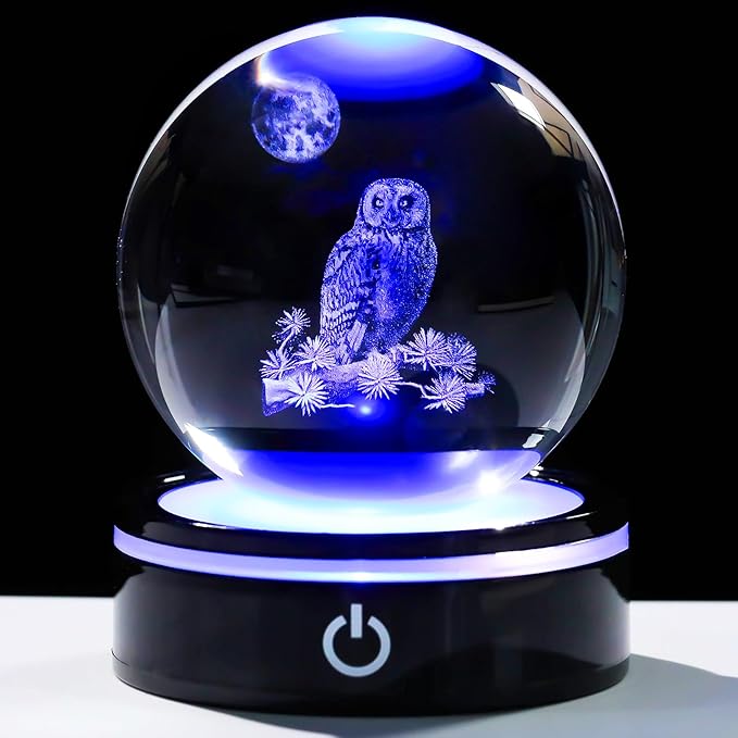 YWHL 3D Owl Figurine Crystal Ball With Colorful Light Base, Gifts for Women Men Lovers on Christmas Birthday, Laser Engraved Sphere Glass Ball for Home Office Decoration (80mm)-VerdiqueGarden