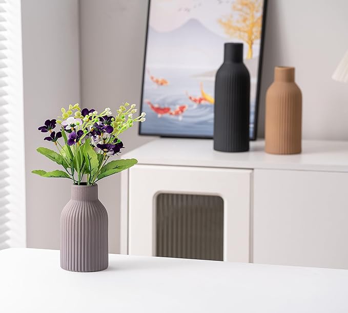 Ceramic Vase Set of 3, Flower Vases for Spring Room Decor, Kitchen Farmhouse, Modern Boho Style(Khaki/Black/Grey)-VerdiqueGarden