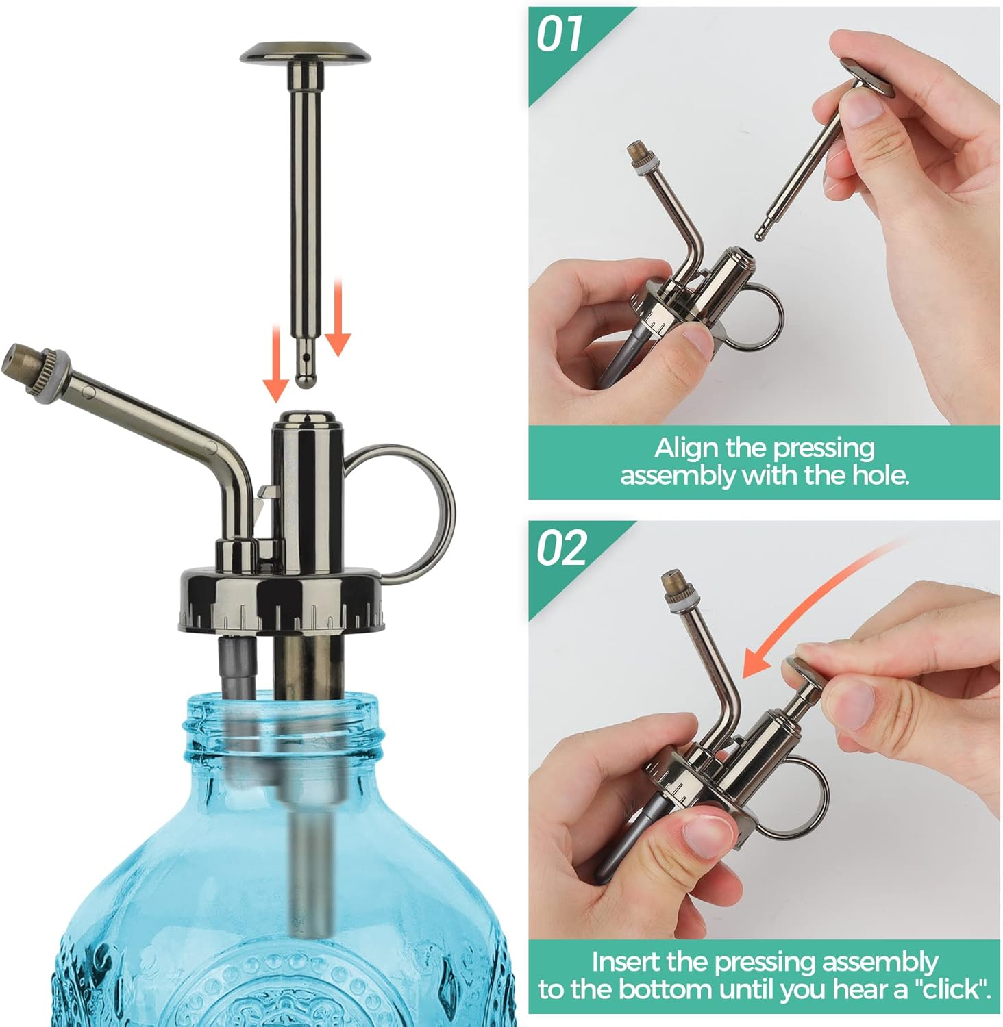 T4U Glass Plant Mister 200ML, Vintage Spray Bottle with Top Pump, Fine Mist Garden Flower Sprayer Small Decorative Spritzer Watering Can Gift for Indoor Outdoor Succulent House Plant (Aqua Blue)-VerdiqueGarden