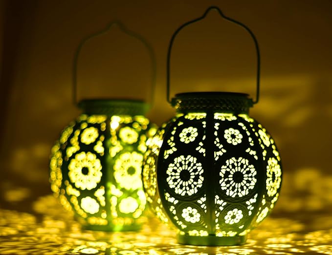 Bohemian Garden Solar Lanterns, Set of 2 Moroccan Outdoor Waterproof Landscape Solar Lights for Backyard Pathway Patio Tree Table Decor (Turquoise)-VerdiqueGarden