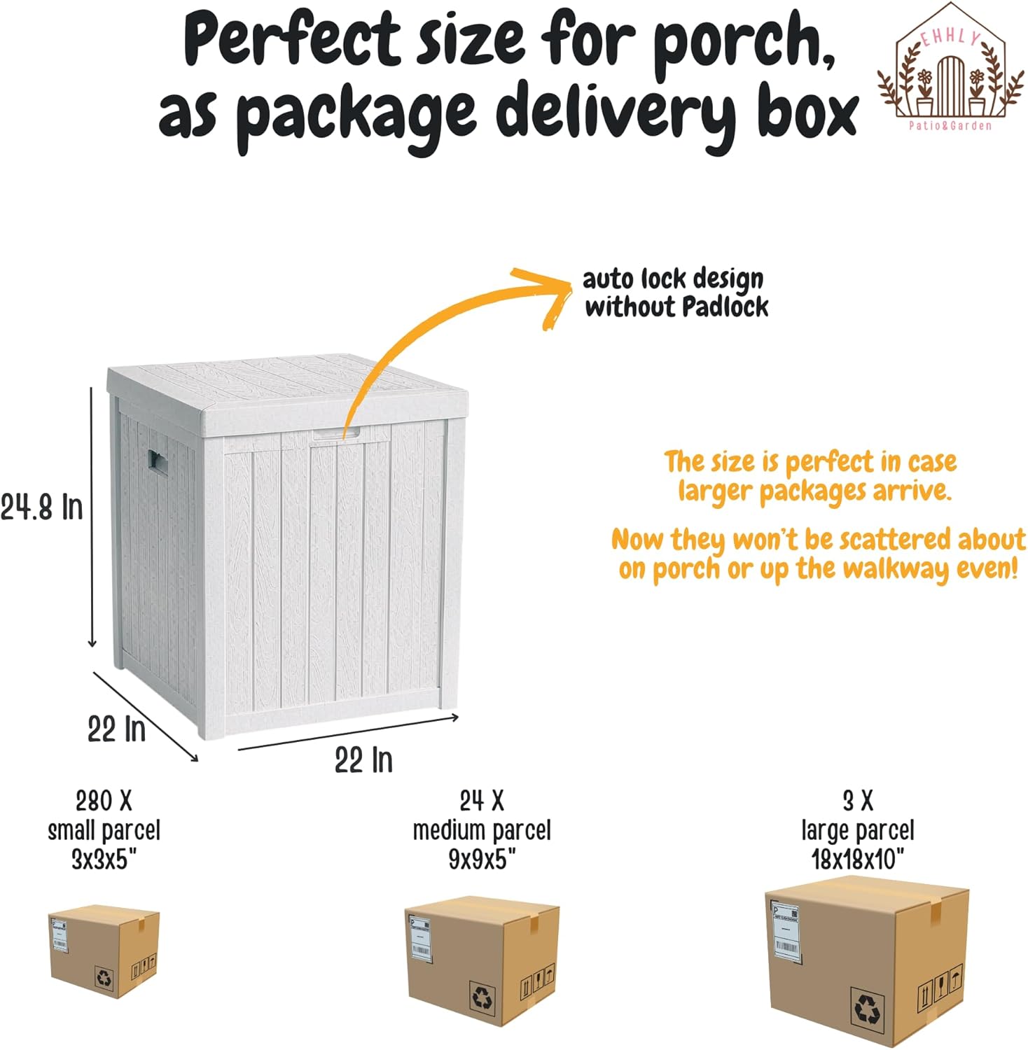 Deck Box, 51 Gallon Front Porch Package Bin Delivery Box for Outside, Small Patio Outdoor Storage Boxes Waterproof, UV Resistant Plastic Resin Pool Storage Bins with lids, White-VerdiqueGarden