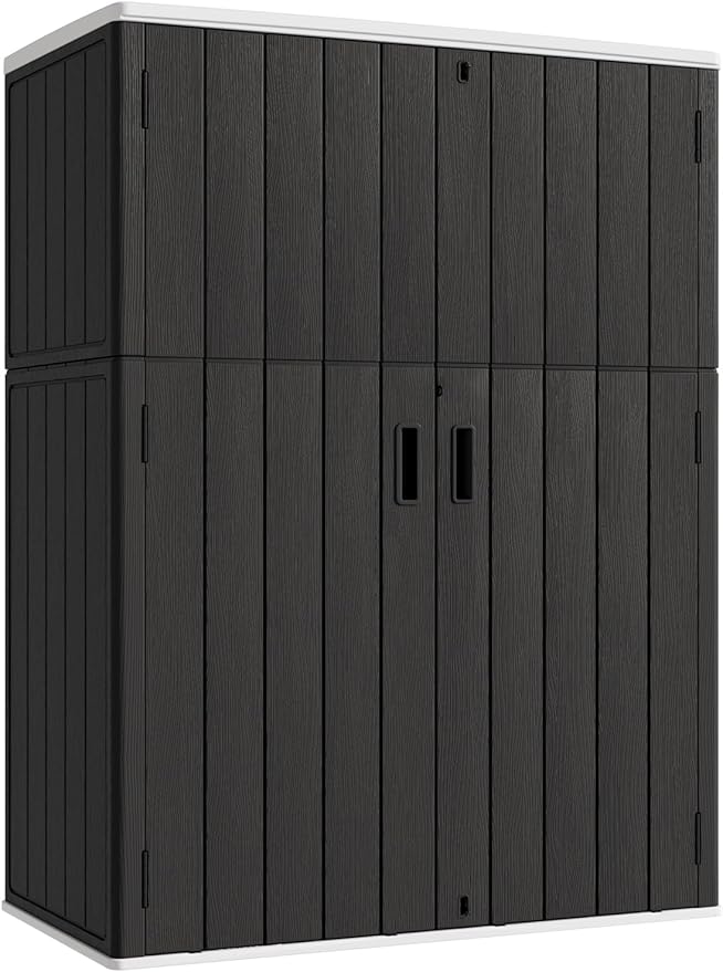 KINYING Outdoor Vertical Storage Shed,57 Cu.ft Outdoor Storage Cabinet Waterproof,Resin Sheds & Outdoor Storage Clearance for Garden,Patio,Backyard,Lockable (Black)-VerdiqueGarden