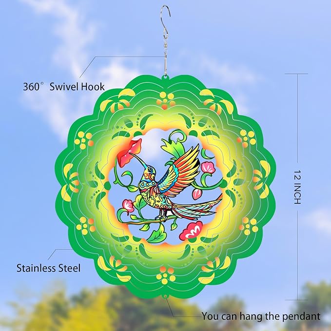 Hummingbird Wind Spinners Metal Hummingbird Gifts for Mom Women Grandma,12inch Hanging Wind Spinner for Outdoor&Indoor Decor Wind Chime Christmas Ornament Gifts for Yard Garden Decoration-VerdiqueGarden