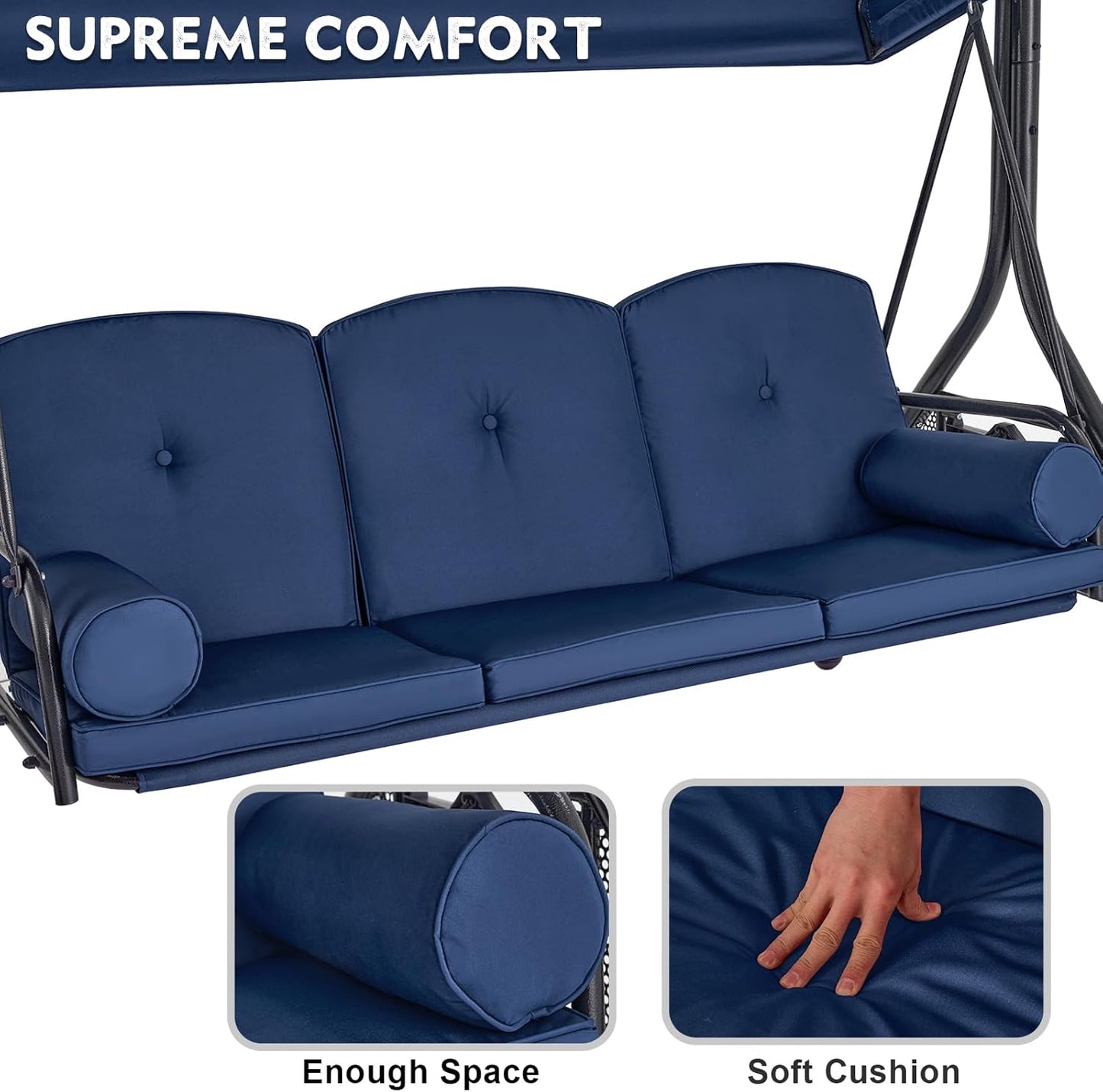 HOMREST 3 Seat Outdoor Porch Swing with Adjustable Canopy, Convertible Patio Swing Bed with Stand, Patio Glider Swing with Upgraded Cup Holder, Thicken Cushions ＆ Pillow for Backyard (Blue)-VerdiqueGarden