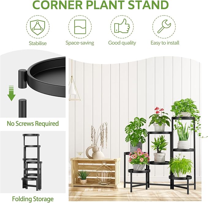 iDavosic.ly 7 Tier Large Plant Stand Indoor with 10 Inch Wide Tray, Tiered Corner Metal Outdoor Flower Display Holder Shelf, Folding Tall Rack for Patio Porch Living Room, Modern Black-VerdiqueGarden