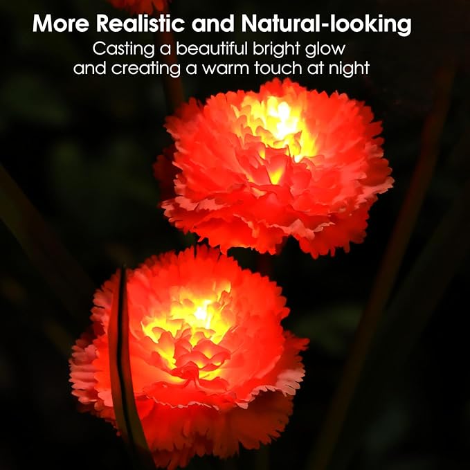Solar Flowers Outdoor Waterproof, Solar Carnation Stake Lights Outside with 12 Real Looking Flowers for Yard Decorations Outdoor, Front Yard, Garden, Flower Bed, Lawn, Patio Decor (3 Pack)-VerdiqueGarden