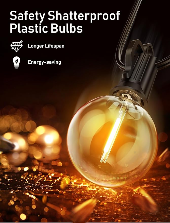 Brightown Outdoor String Lights - 2 Pack Globe Patio Lights 50 Ft with 25 G40 Shatterproof Bulbs, Waterproof Connectable Commercial Hanging Lights for Backyard Bistro Porch Cafe-VerdiqueGarden