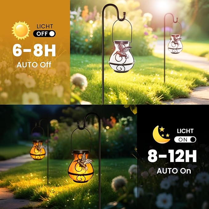 Solar Lights Outdoor Decorative, Hummingbird Flickering Flame Lantern Waterproof, Garden Decor Hanging Lights for Outside Patio Pathway Yard, Christmas Birthday Gifts, 2 Pack-VerdiqueGarden