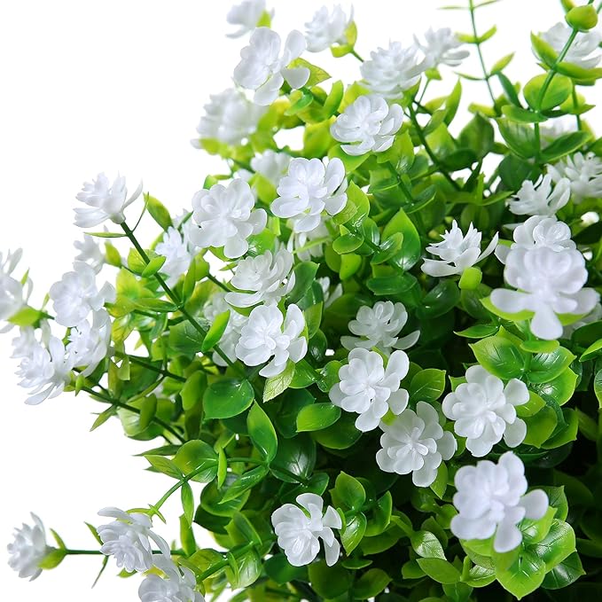 Artificial Plants Flowers Grass Shrubs 8 Pack No Fade Faux Plastic Flowers Outdoor for Vases Farmhouse Garden Porch Patio Office Indoor Wedding Decoration Greenery Fake Plants (2#White)-VerdiqueGarden
