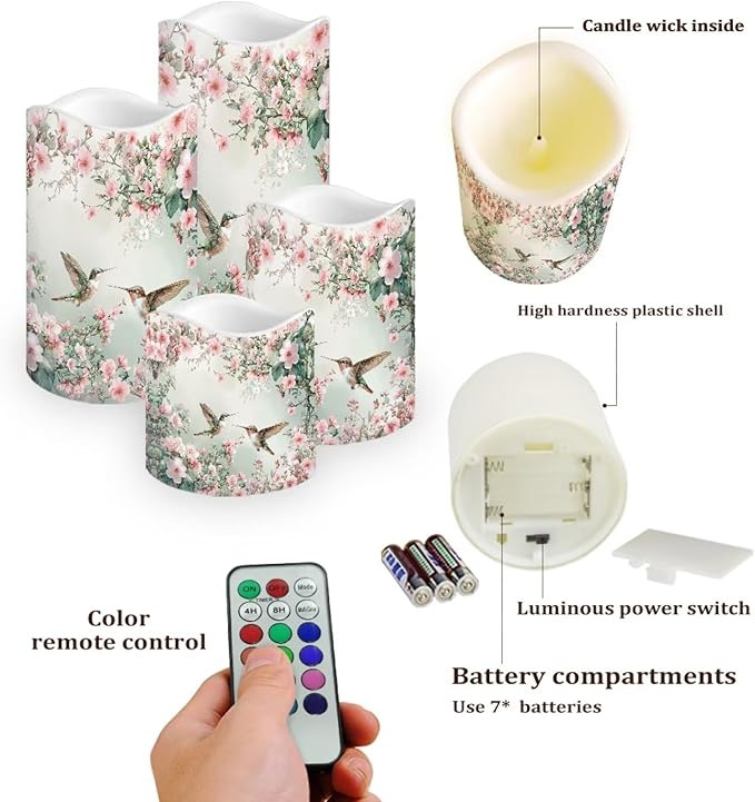 Ystardream Floral Hummingbird Flameless LED Candles Electric Candle Set with Remote Timer Color Changing Control Long Lasting for Table Centerpiece Home Indoor Decoration Pack of 4 Set-VerdiqueGarden