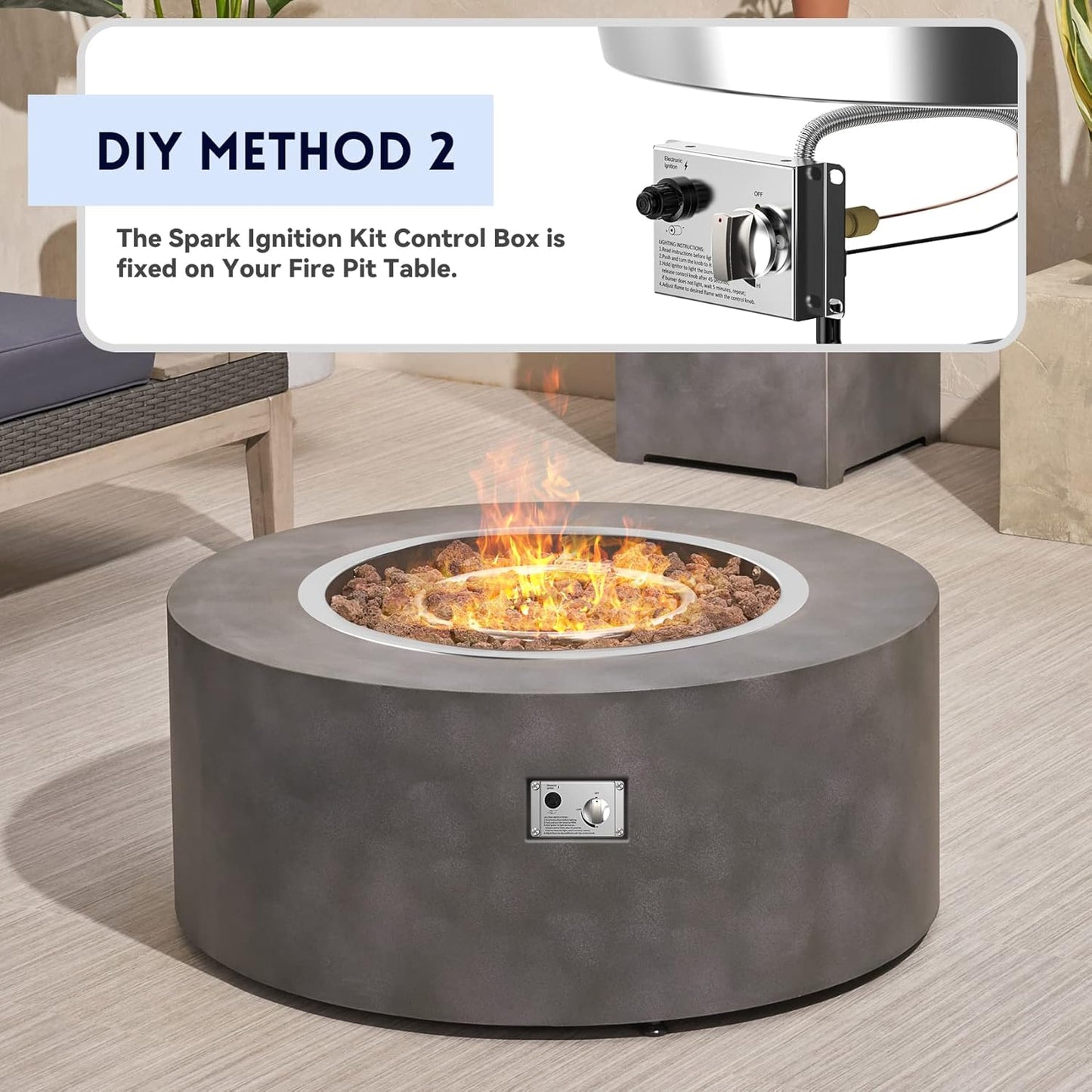 Skyflame 19" Round Stainless Steel Fire Pit Drop-in Burner Kit with CSA Certified, Flame Sensing, Electronic Spark Ignition, Propane Regulator Connector Hose Set for Propane Tank-VerdiqueGarden