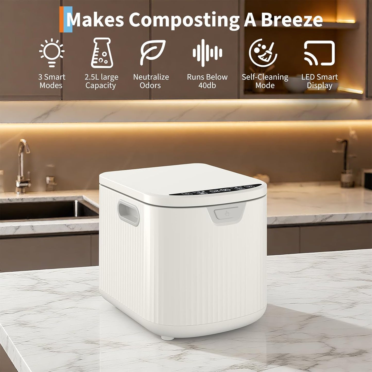 2.5L Electric Kitchen Composter Smart Odorless Compost Bin Auto-Cleaning Countertop Food Waste Composting Machine -Fast 4-6H Food Waste to Fertilizer Conversion for Outdoor Use (White-VerdiqueGarden