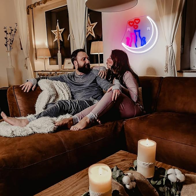 Two Cats on Moon Neon Sign,Cute Couple Kittys Neon Lights for Wall Decor,Kawaii Animal 3D LED Neon,USB Light Up Signs for Girls Bedroom Bar Home Party Valentine's Day Cat Lovers Weddings-VerdiqueGarden