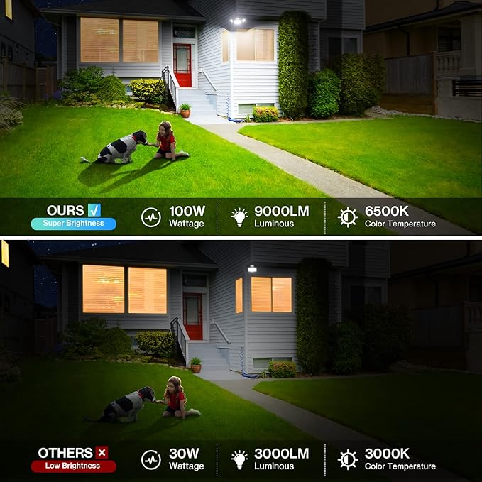 100W LED Flood Light Motion Sensor, 9000LM Motion Security Lights Outdoor, 3 Head Adjustable Floodlight, IP65 Waterproof Exterior Floodlights, 6500K Wall Light for Entryway, Yard, Garage-VerdiqueGarden