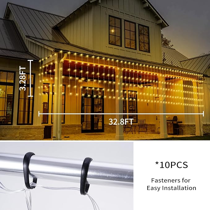 32.8 * 3.28FT Large Size Solar Curtain Lights Outdoor, 8 Modes Icicle Lights, Garden Christmas Decortions for Patio, Gazebo, Eaves, Fence, Tree, Porch (Warm White)-VerdiqueGarden