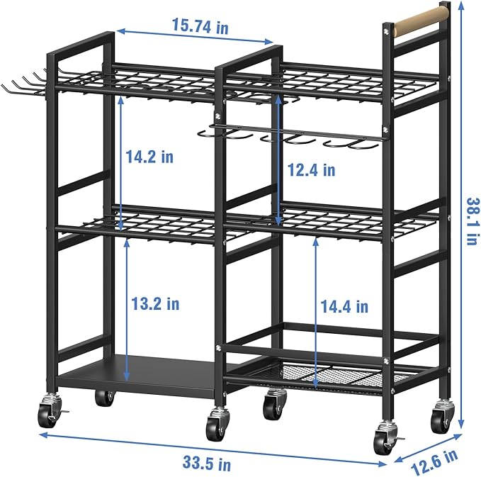 NADAMOO Garden Tool Organizer with Rolling Wheel, 3-tier Metal Shelf Yard Tool Holder, Utility Stand Rack for Garage Organization and Storage, Hold Long-Handled Rakes, Shovel, Broom-VerdiqueGarden