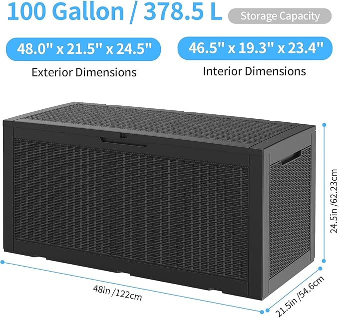 102 Gallon Outdoor Storage Box Waterproof, UV Resistant Resin Deck Box with Hydraulic Rod, Lockable Design and Enhanced Durability for Patio, Garden, and Poolside Use-VerdiqueGarden