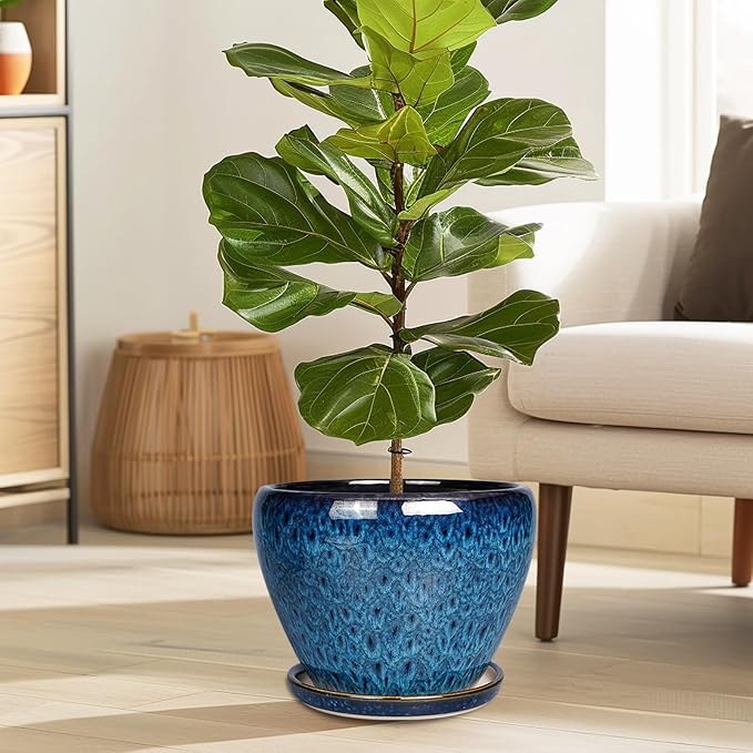 10 Inch Ceramic Planter Pot, Ceramic Plant Pot for Indoor Outdoor Plants, Large Flower Pot with Drainage Hole and Saucer, Blue-VerdiqueGarden