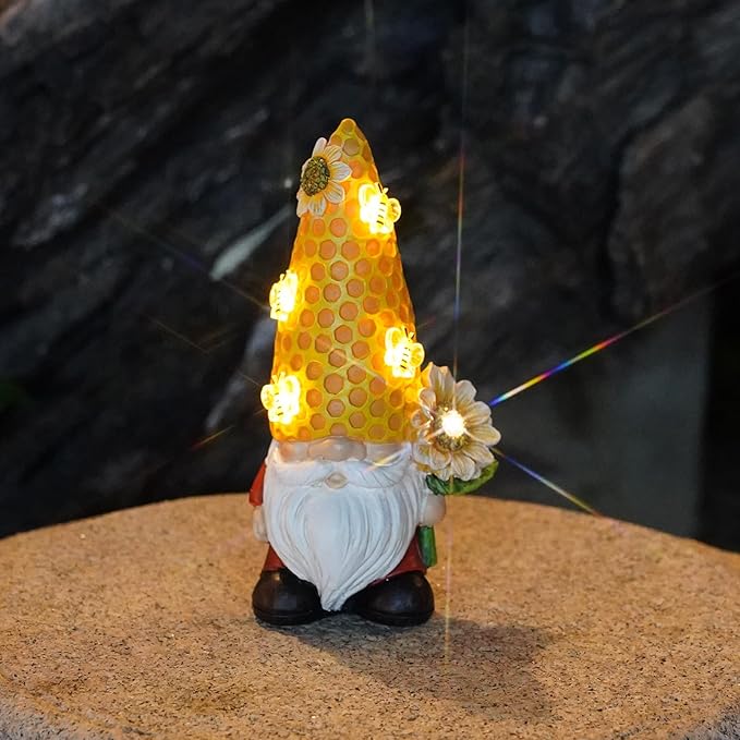 Garden Gnome Statue Solar Powered with Glowing Bees Sunflower Outdoor Funny Resin Figurine Decorations for Patio Yard Lawn Porch Housewarming Ornament Gift-VerdiqueGarden
