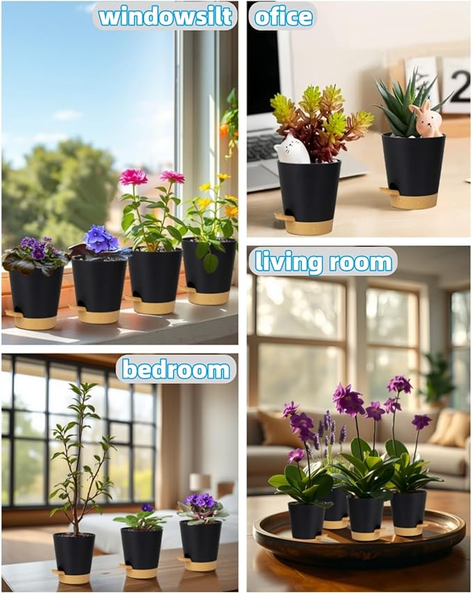 12 Pack 4 Inch Self Watering Plant Pots with Drainage and Saucers，Plastic Flower Pots for Indoor and Outdoor Plants, Nursery Planters for Houseplants and Herbs Black Brown, 4 inch 12pcs-VerdiqueGarden