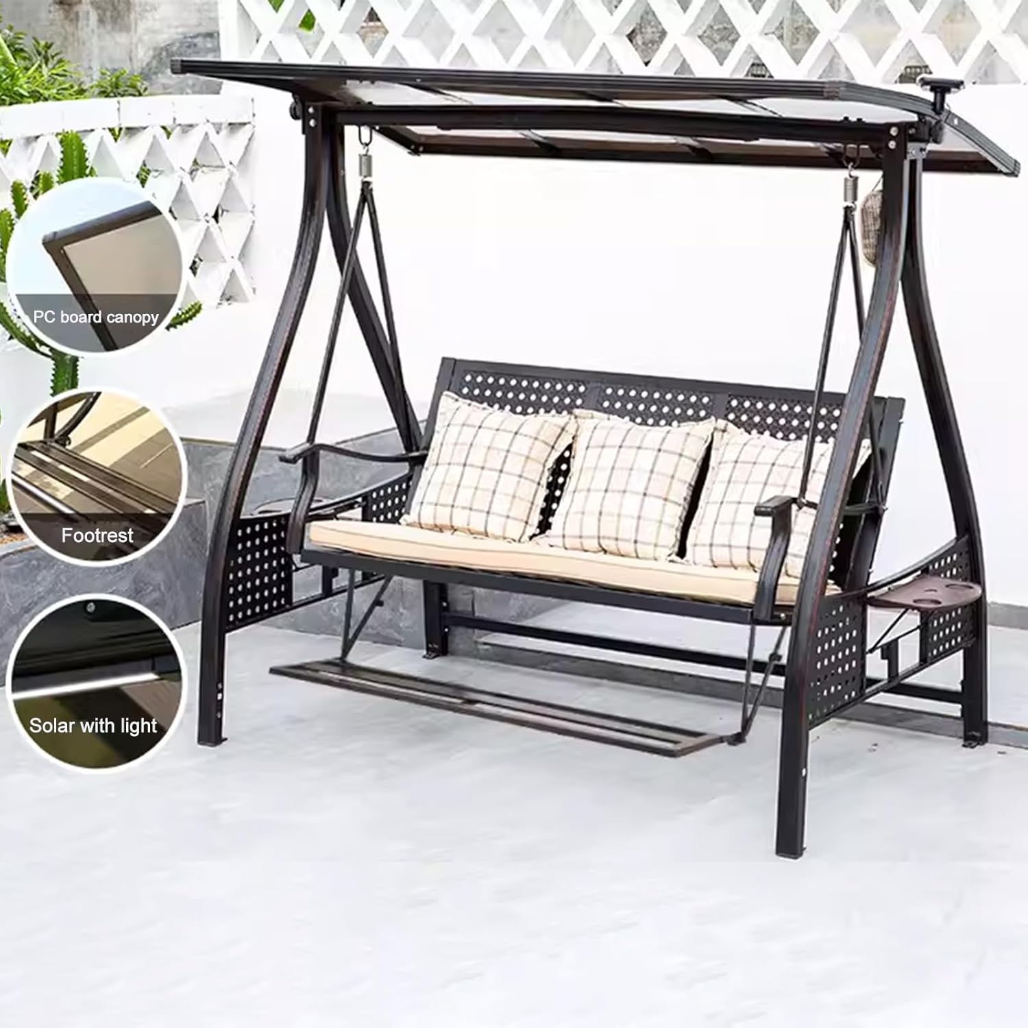 2/3-Seat Outdoor Patio Porch Swing with Adjustable Aluminum Alloy Canopy Solar Patio Swing Chair Bench with Footrest Side Cup Holder for Backyard Lawn (AEBS Red Copper - 3 Seat)-VerdiqueGarden