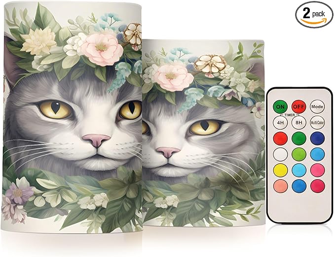 Flickering Flameless Candles, Cat Head Flowers LED Candles with Remote Timer, Set of 2 Battery Operated Candle for Valentine Wedding Birthday-VerdiqueGarden