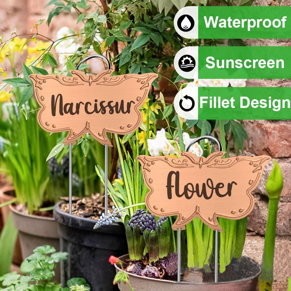 Metal Plant Labels, Tall Outdoor Butterfly Garden Markers for Flowers, Fruits and Vegetables, 304 Stainless Steel Weatherproof Signs (25 Packs, 4" x 2.3", Gold Butterfly Design)-VerdiqueGarden