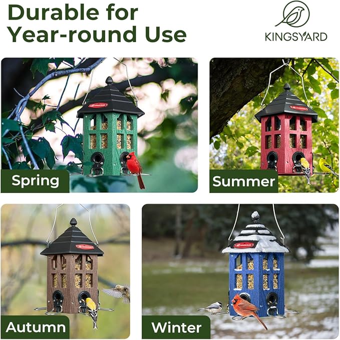 Kingsyard Wild Bird Feeder for Outdoor Hanging, Recycled Plastic Bird Feeders with 6 Ports & U-Shape Perch, Garden Yard Outside Decoration, 3.5 lbs Seed Capacity, Blue-VerdiqueGarden