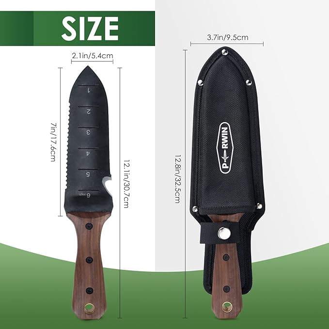 Hori Hori Garden Knife, Garden Tools with Sheath for Weeding,Planting,Digging, 7" Stainless Steel Blade with Cutting Edge, Full-Tang Wood Handle with Hanging Hole-VerdiqueGarden