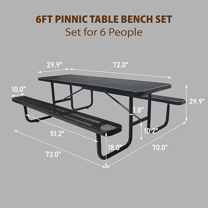 6FT Metal Picnic Tables for Outdoors, Commercial Rectangular Picnic Table and Bench Set for Outside, Patio, Garden, Backyard, Porch, Surface Mount, Black-VerdiqueGarden