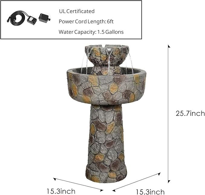 SunJet 25.7” High x 15.3” Diameter Concrete Bird Bath with Faux Stone Finish - Outdoor Water Fountain with Electric Pump - Birdbath for Garden, Patio, Yard, Lawn Décor-VerdiqueGarden