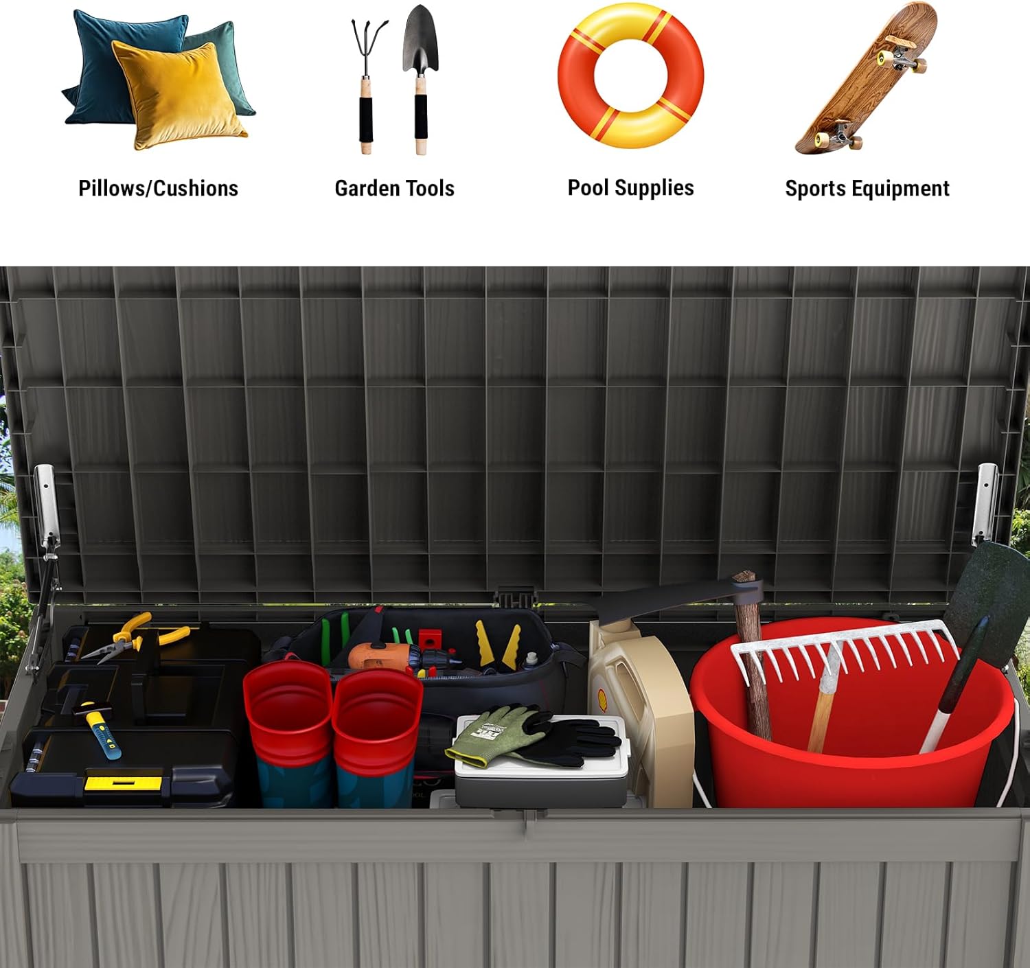 Mars Villa 180 Gallon Outdoor Storage Box, Large Resin Deck Box Waterproof, Storage Bin for Outside Patio Furniture Cushions, Pool Supplies, with Hydraulic Hinge, UV Resistant and Weatherproof, Greige-VerdiqueGarden