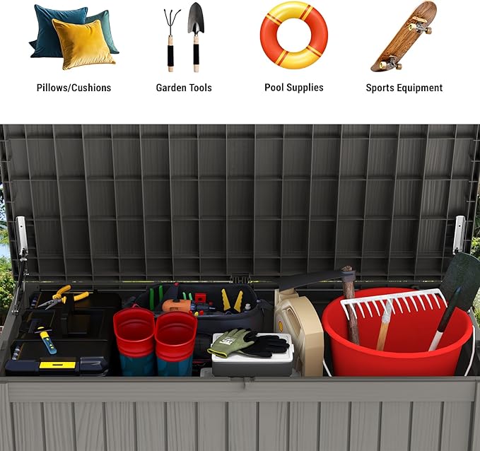 Mars Villa 180 Gallon Outdoor Storage Box Waterproof, Extra Large Resin Deck Box, Outside Storage Bin for Patio Furniture Cushions, Pool Supplies, Sports Gear, UV Resistant and Weatherproof, Greige-VerdiqueGarden