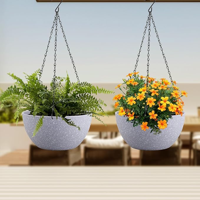 10 inch Hanging Planters for Indoor Outdoor Plants, 2 Pack Hanging Flower Pots with Drainage Holes and Chain for Garden Porch, Plastic Hanging Baskets for House Plants, Speckled Grey-VerdiqueGarden